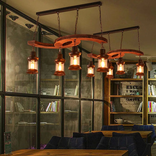 Retro industrial 4-head wood and iron chandelier for café, bar or loft - vue 4 sur 7