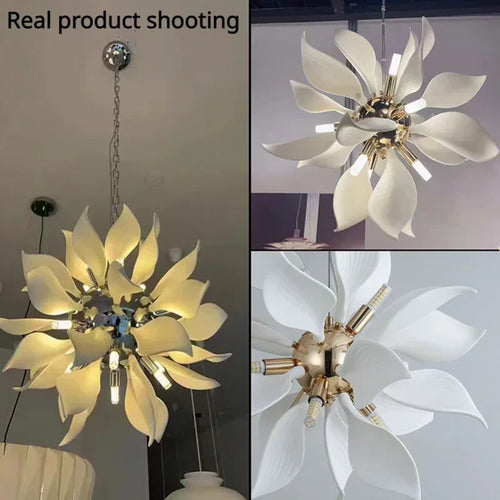 Modern ceramic chandelier with flower petals and LED light - vue 5 sur 15