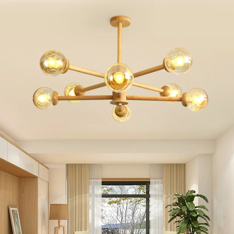Modern wooden chandelier with glass lampshades for home decor - vue 5 sur 10