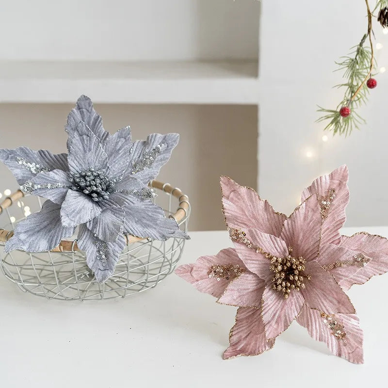 Artificial Christmas flower in glitter velvet festive decoration for home - vue 4 sur 12
