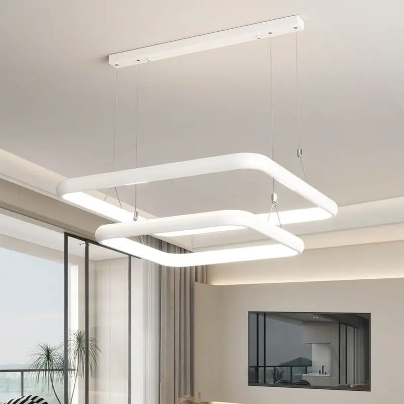 Modern LED square pendant chandelier with pearl finish for home - vue 5 sur 12