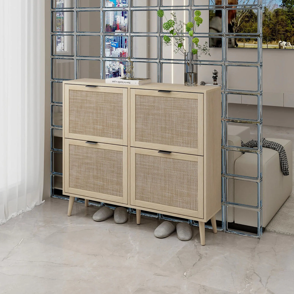 Shoe Cabinet Retro Country House Style, with 4 Rattan Flaps, Wooden Shoe Rack, Shoe Storage Chest for 20-36 Pairs of Shoes - vue 3 sur 10
