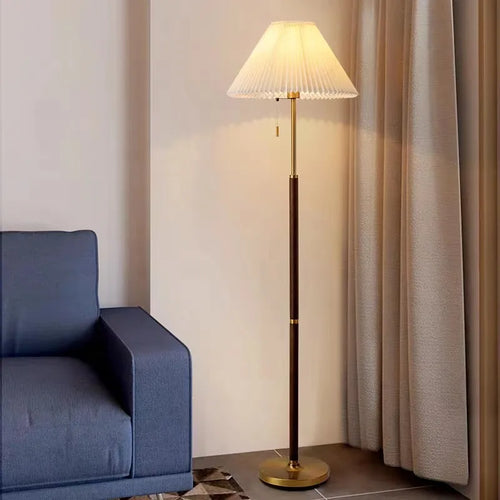 Vintage wooden floor lamp with elegant pleated fabric design