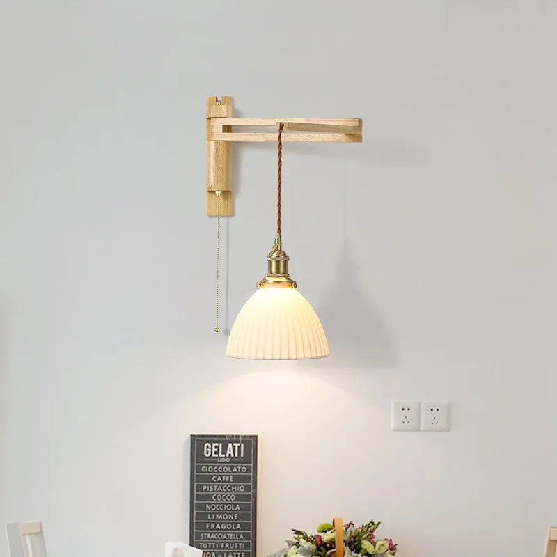 Glass, wood and ceramic wall light with foldable swivel arm - vue 5 sur 14