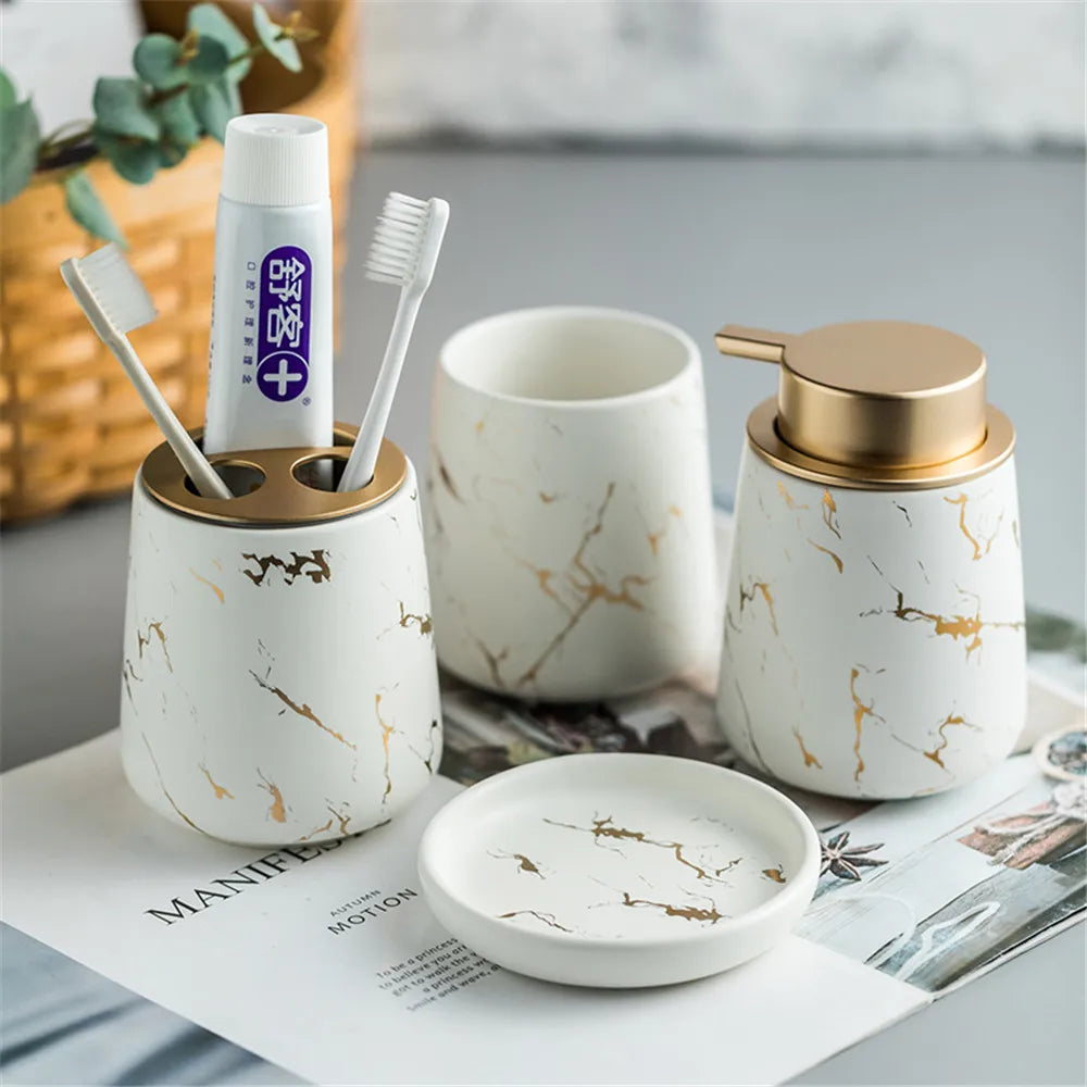 Ceramic soap dispenser and complete bath accessories set