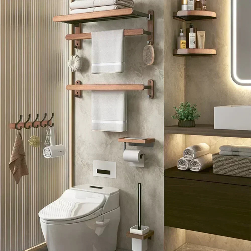 Wood and aluminium wall-mounted towel rack and shower accessories organiser - vue 4 sur 16