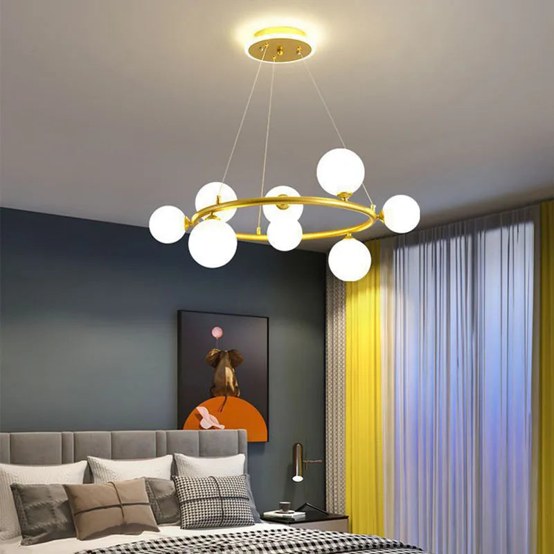 Modern matt glass chandelier with black ring and adjustable cable - vue 4 sur 14