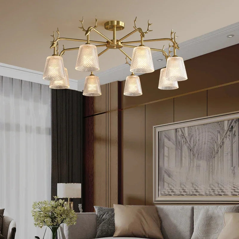 Elegant retro glass chandelier with multiple copper heads