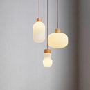 Nordic white striped glass pendant light with wood accent for dining, kitchen and bedside