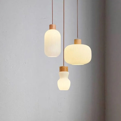 Nordic white striped glass pendant light with wood accent for dining, kitchen and bedside - vue 2 sur 9