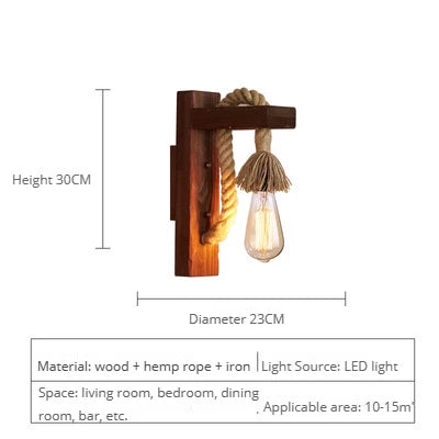 Vintage industrial loft wooden wall light with hemp rope - vue 12 sur 17