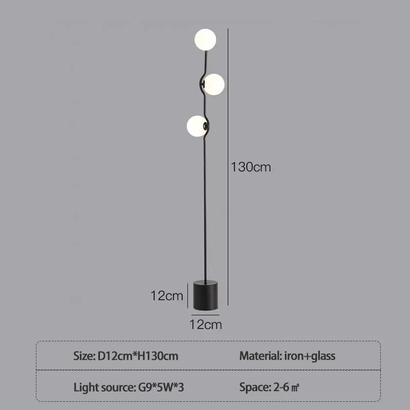 Post-modern Nordic design floor lamp with three white glass heads