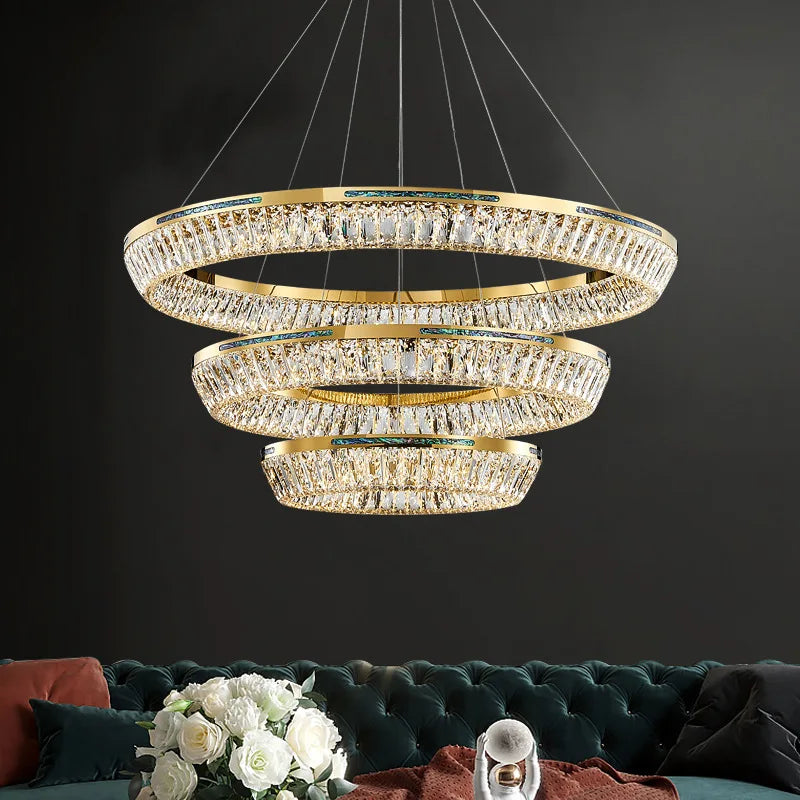 Modern crystal and copper chandelier three-tier indoor lighting