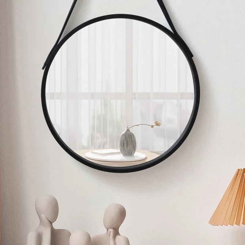 round wall mirror with thick wooden border