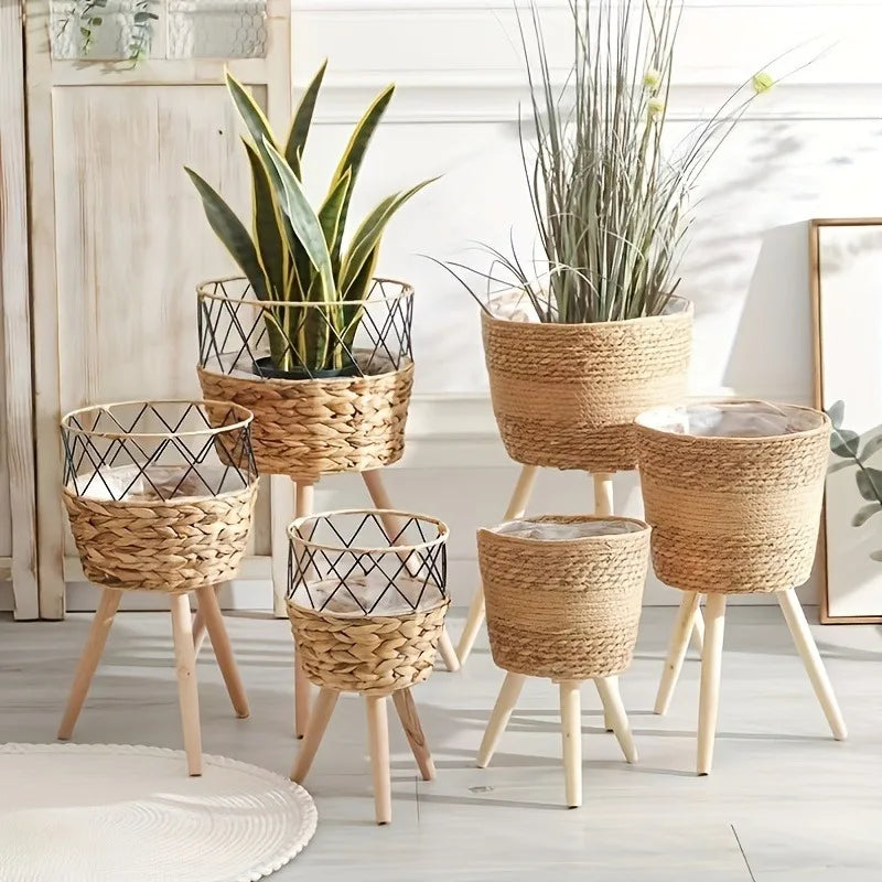 Woven wooden pot for flowers and decorative indoor storage