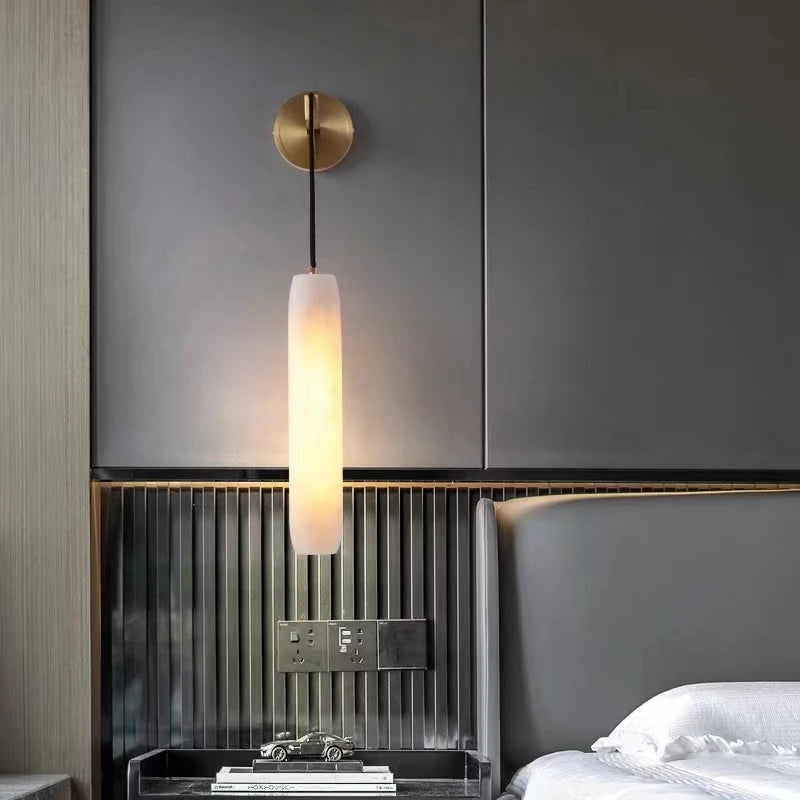 Natural marble cylindrical wall light with adjustable copper wire
