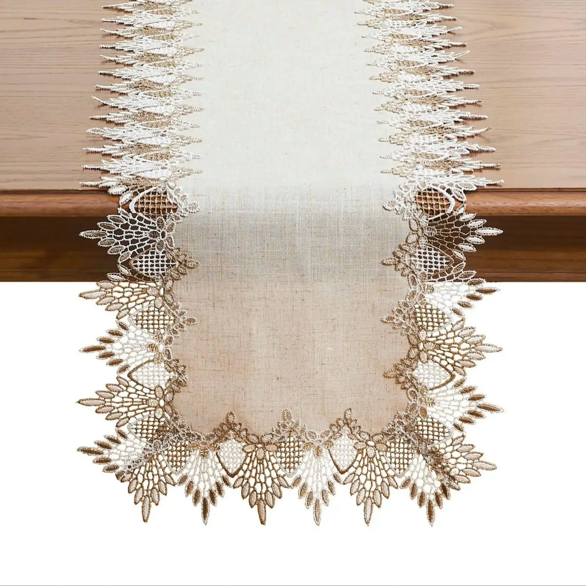Elegant classic lace style embroidered linen table runner