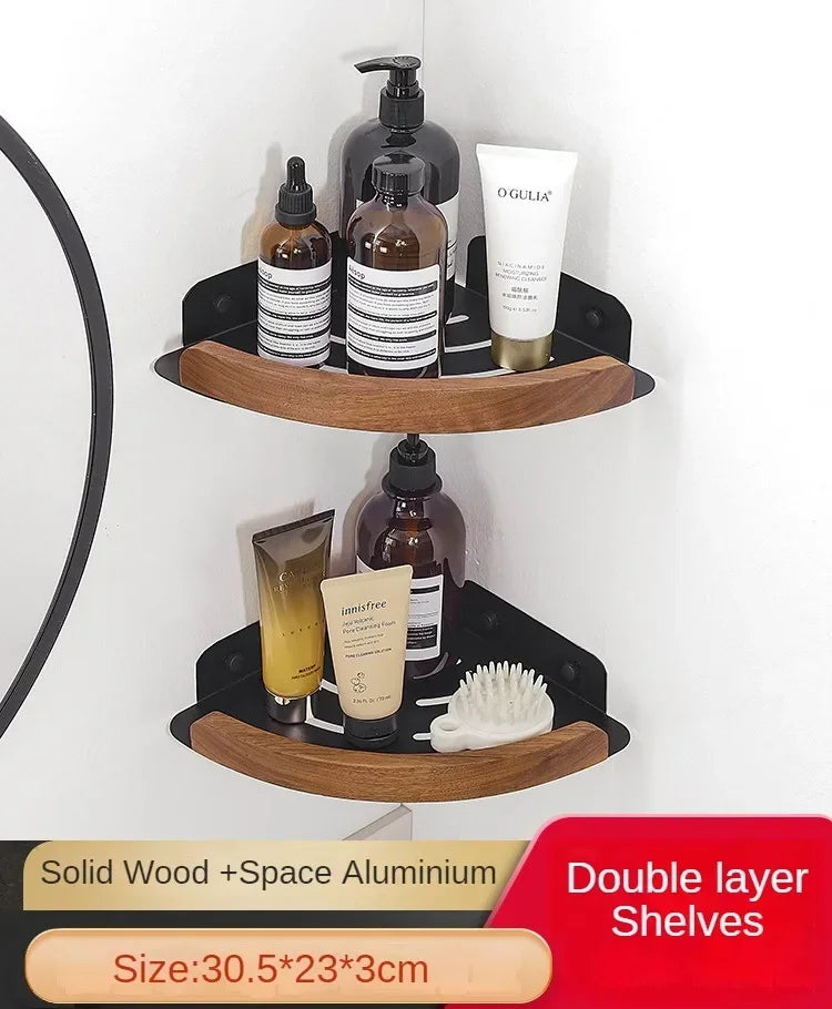 Wood and aluminium wall-mounted towel rack and shower accessories organiser - vue 16 sur 16