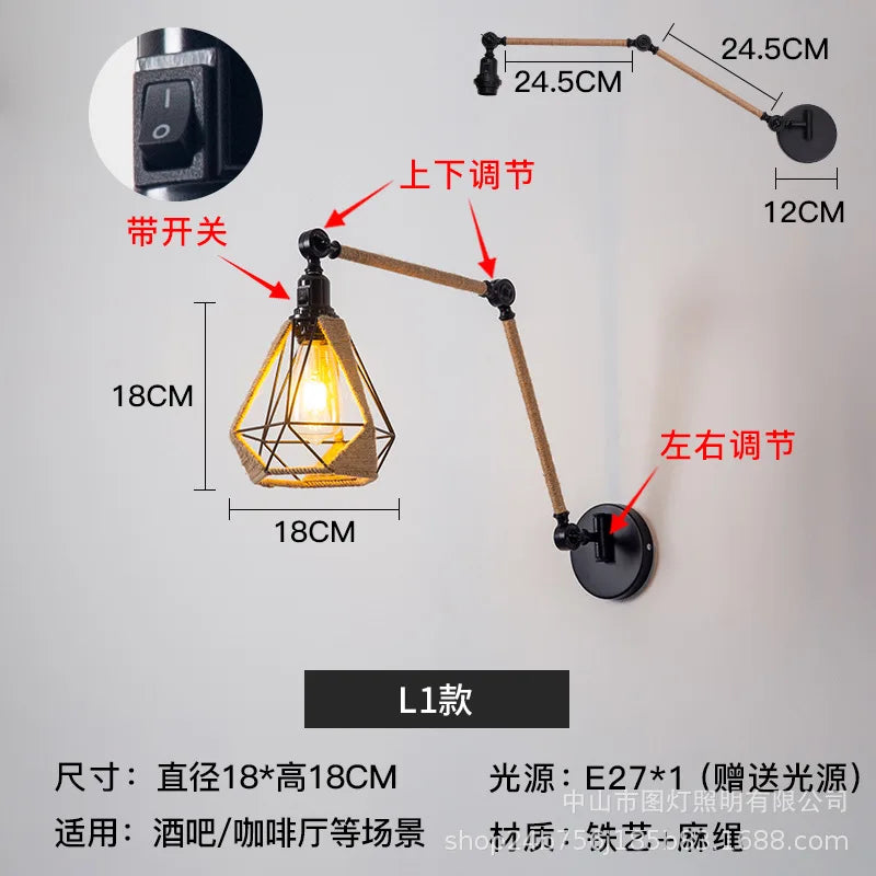 Nordic telescopic wall lamp with adjustable swivel arm and hemp rope - vue 10 sur 22