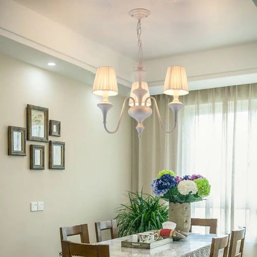 Modern chandelier with three or six lights in metal with fabric shade - vue 4 sur 5