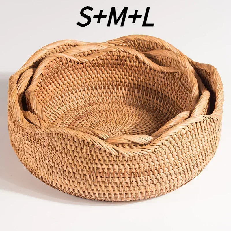 Woven rattan storage basket for kitchen and picnic