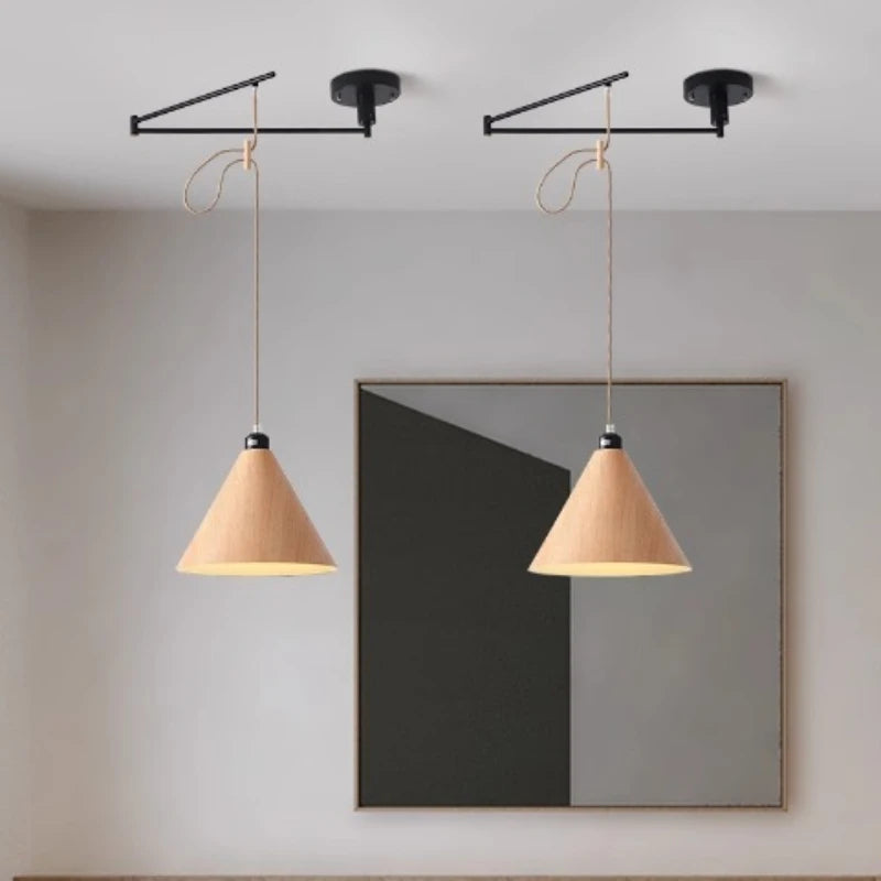 Modern creative LED chandelier with artistic retractable wooden arm - vue 3 sur 16