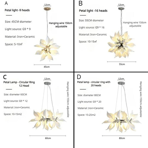 Modern ceramic chandelier with flower petals and LED light - vue 6 sur 15