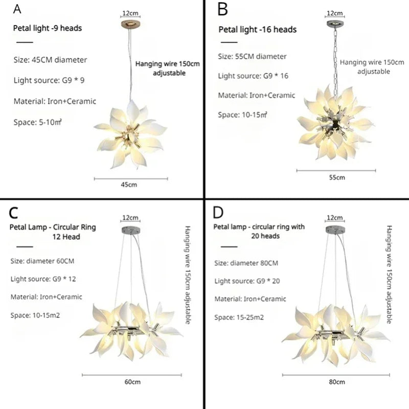 Modern ceramic chandelier with flower petals and LED light - vue 5 sur 15