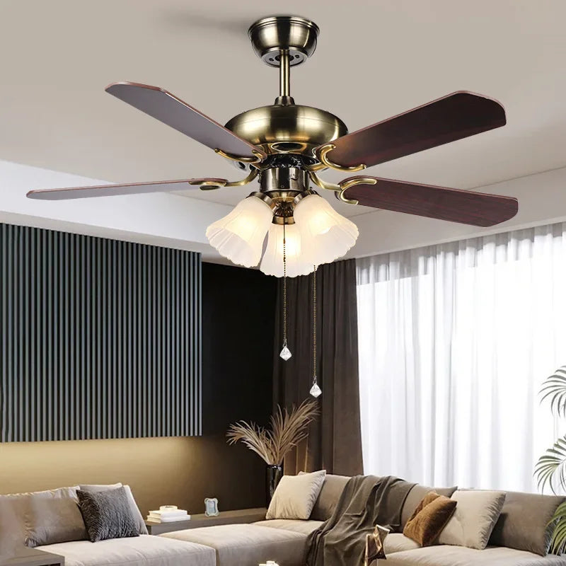 Modern ceiling fan with light and wooden 5-blade design