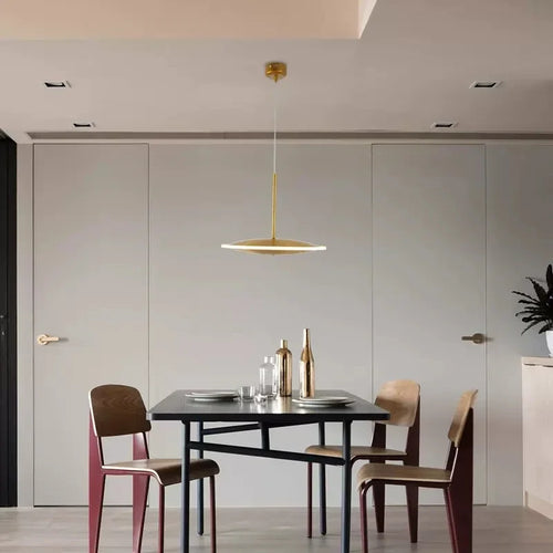 Modern round metal LED pendant light with adjustable wire and artistic design - vue 4 sur 12