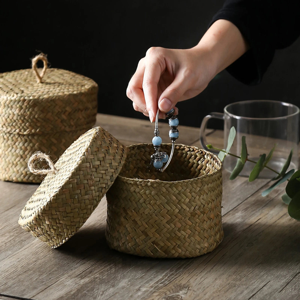 handmade woven rattan storage basket with lid