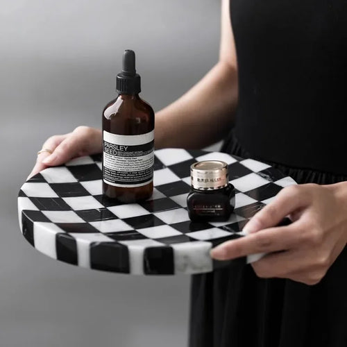 Nordic style marble tray with chessboard pattern luxury home decor - vue 2 sur 6