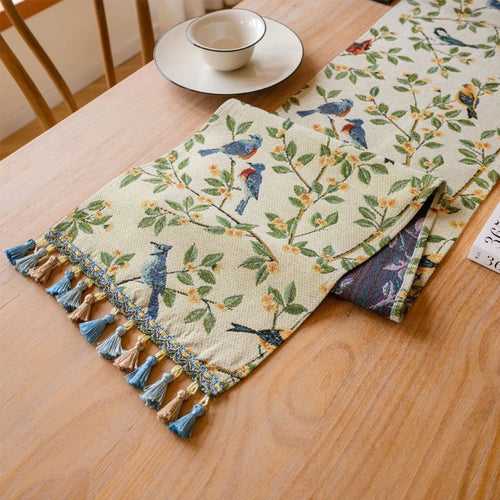 Country-style jacquard table runner with animal motifs and tassels - vue 3 sur 6