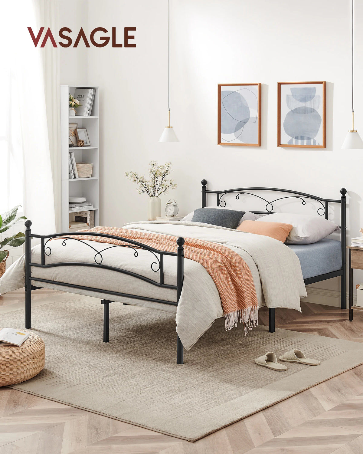 VASAGLE Metal Double Bed, Double Bed Frame, for 140 x 190 cm Mattress, Guest Bed, for Adults, Teenagers