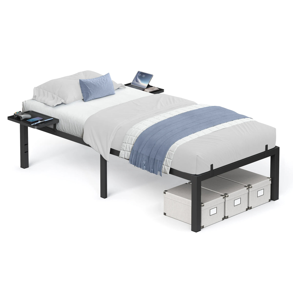 VASAGLE Single Bed Frame, Metal Bed Frame, with Bedside Shelves, Guest Bed Frame, for 90 x 190 cm Mattresses, Easy Assembly - vue 3 sur 7