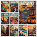 Travel poster for Barcelona, Budapest, Havana and London