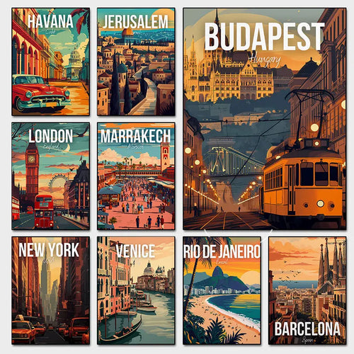 Travel poster for Barcelona, Budapest, Havana and London