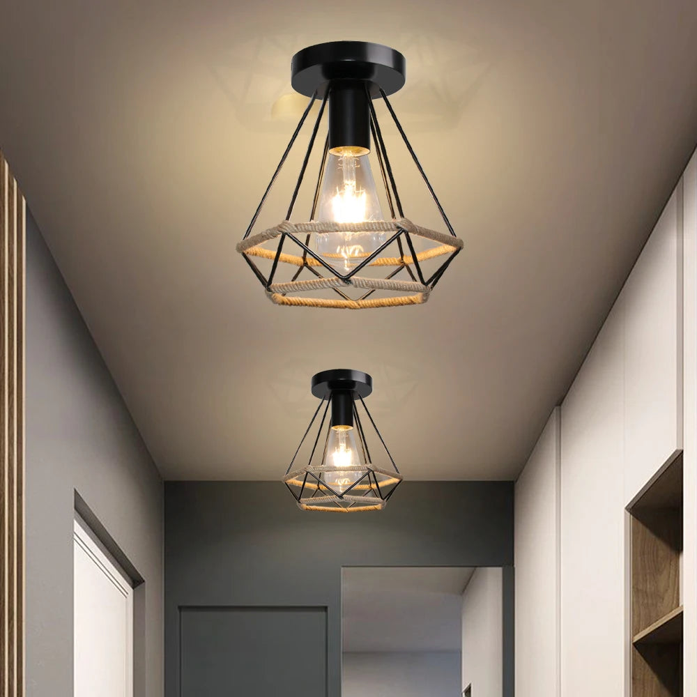 Retro metal ceiling light with hemp rope for vintage interiors