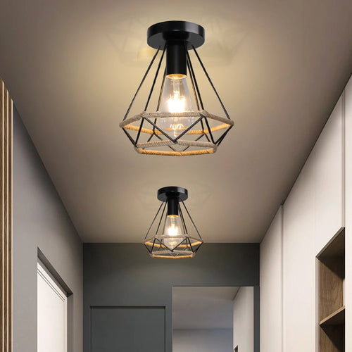 Retro metal ceiling light with hemp rope for vintage interiors - vue 3 sur 15