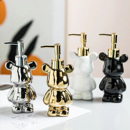 Bear Shape Ceramics Soap and Gel Dispenser, Creative Gold Silver, 200ml Empty Shampoo Bottle, Bathroom Storage Accessories - vue 4 sur 10