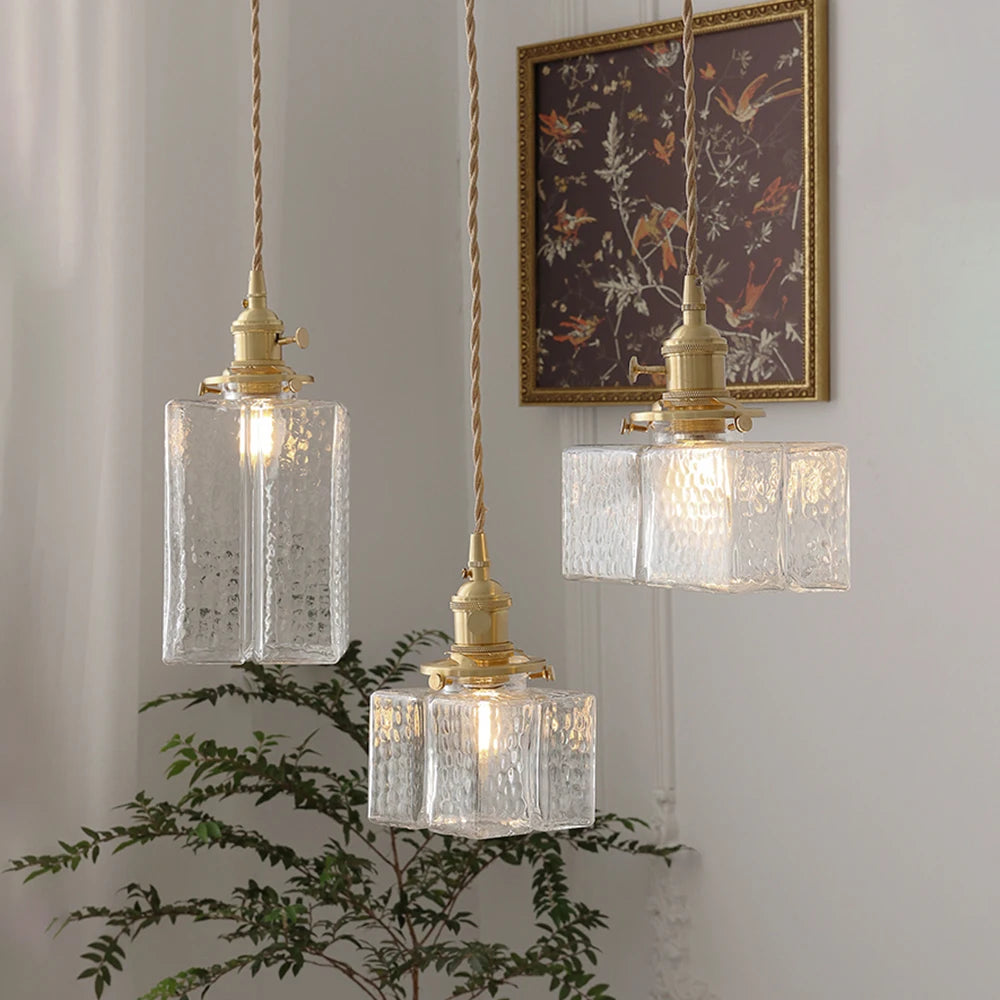 Retro square glass jar LED pendant light with vintage lampshade for dining room, bedroom, bedside table, creative lighting