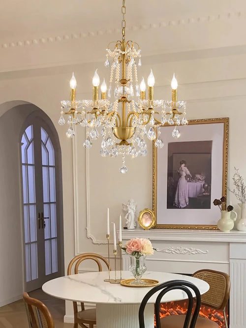 Modern gold chandelier with LED tube lighting and crystal - vue 4 sur 13
