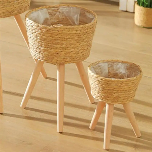 decorative woven wooden flower basket on legs - vue 2 sur 8