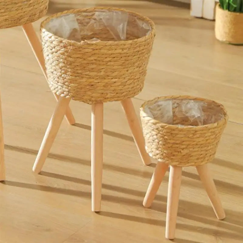 decorative woven wooden flower basket on legs