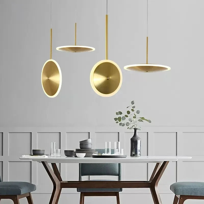 Modern round metal LED pendant light with adjustable wire and artistic design
