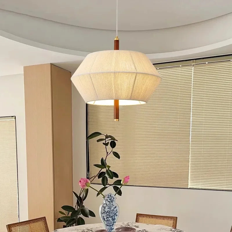 Retro chandelier in solid wood and woven fabric, modern indoor lighting
