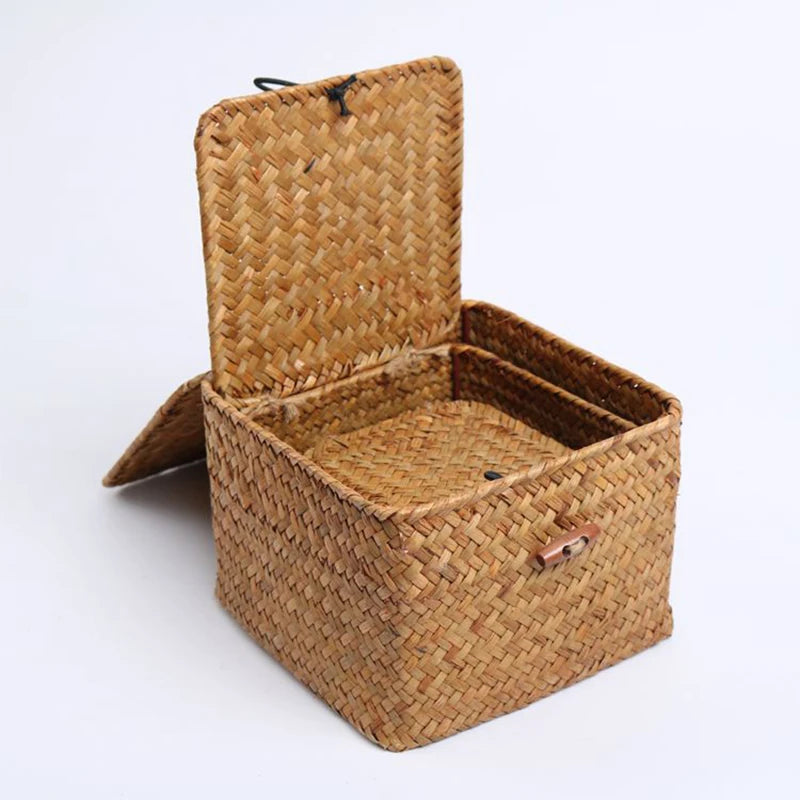 handwoven seaweed storage basket with lid