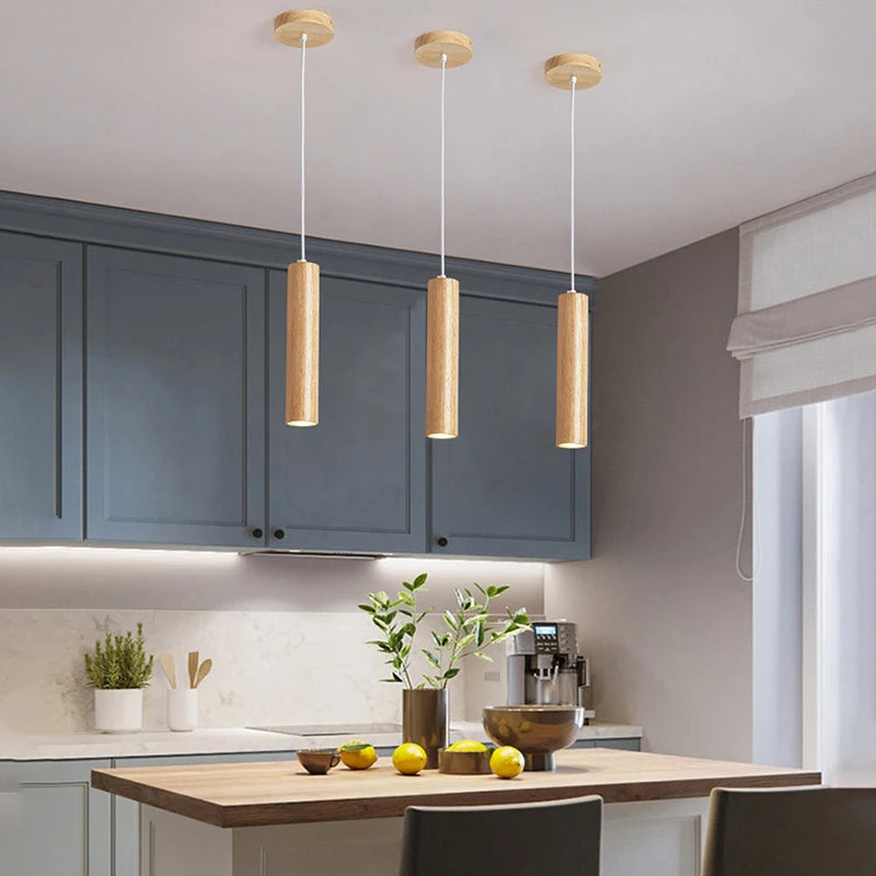 modern wooden pendant light with interior LED lighting