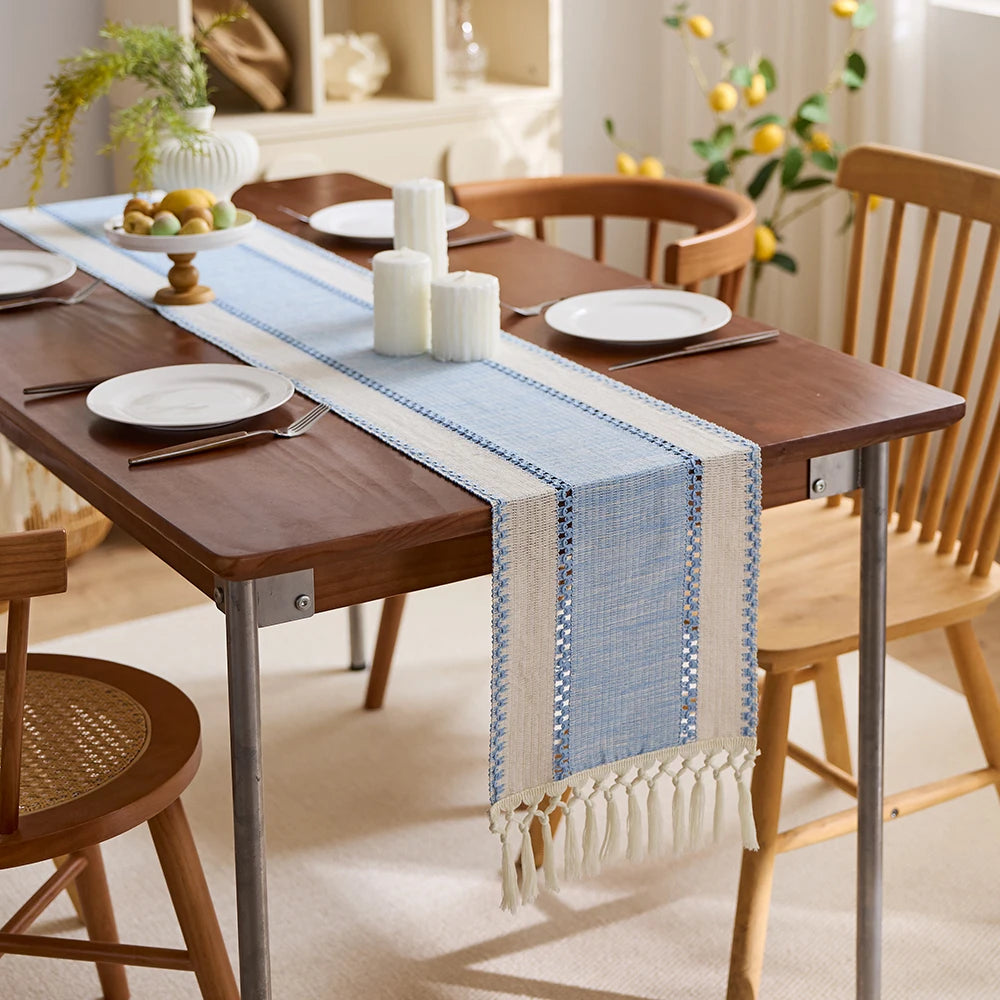 Beige bohemian striped table runner with tassels