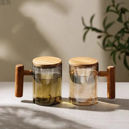 borosilicate glass mug with wooden handle and lid - vue 2 sur 8